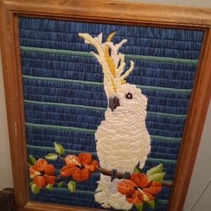 Vintage & Vibrant Framed Cockatoo  Needlepoint Art